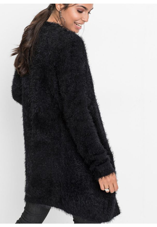 bonprix - Długi kardigan z dzianiny z długim włosem. Kolekcja: plus size. Kolor: czarny. Materiał: dzianina. Długość rękawa: długi rękaw. Długość: długie