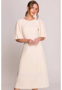 Stylove - Elegancka sukienka koktajlowa z bufiastymi rękawami kremowa. Okazja: na wesele, na imprezę, na ślub cywilny. Kolor: kremowy. Materiał: materiał, elastan. Długość rękawa: krótki rękaw. Sezon: lato. Typ sukienki: rozkloszowane. Styl: elegancki, wizytowy. Długość: midi #10