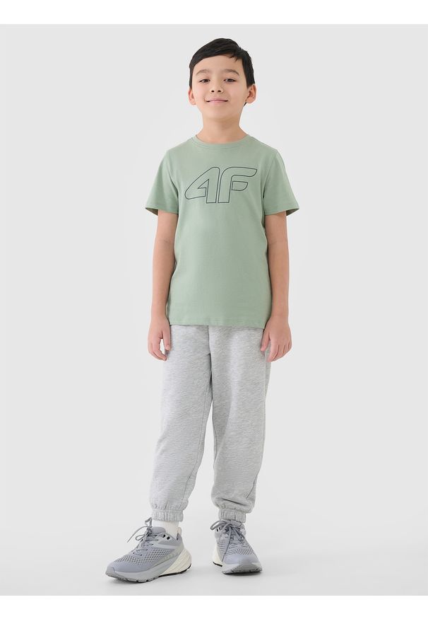 4f - 4F T-shirt z nadrukiem chłopięcy - turkusowy 122 (6-7 lat). Okazja: na co dzień. Kolor: turkusowy. Materiał: bawełna, dzianina, jersey. Długość rękawa: krótki rękaw. Długość: krótkie. Wzór: nadruk. Sezon: lato. Styl: casual, sportowy, klasyczny