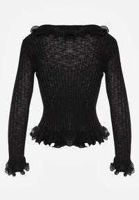 Born2be - Czarna Prążkowana Bluzka z Wiskozą Ozdobiona Falbanami Pronasia. Okazja: na co dzień. Kolor: czarny. Materiał: prążkowany, wiskoza. Wzór: aplikacja. Styl: casual, elegancki, klasyczny #7