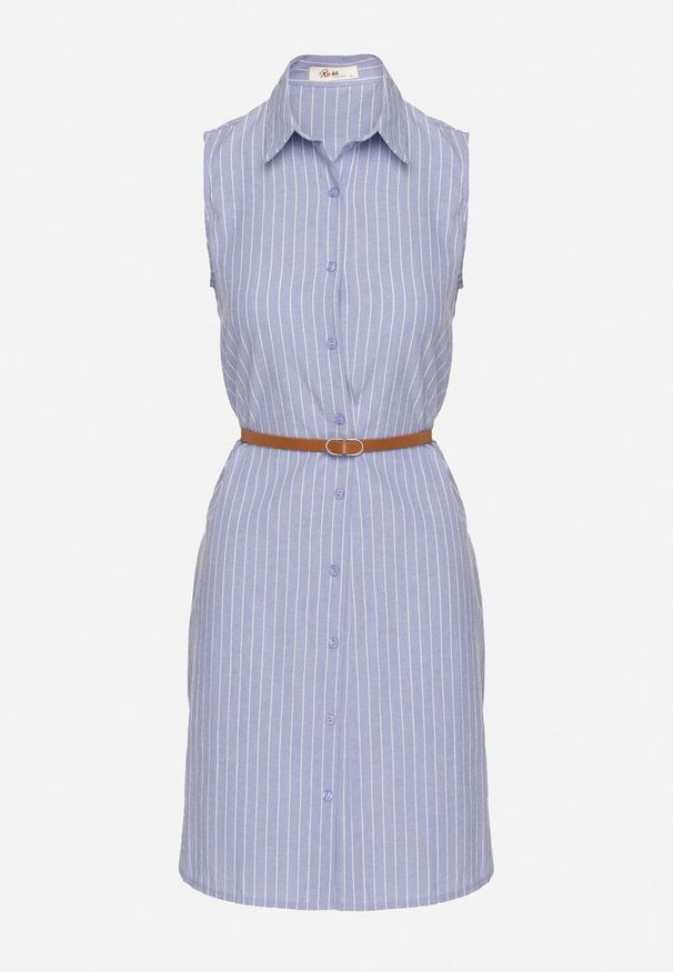 Born2be - Granatowa Koszulowa Sukienka Bez Rękawów z Bawełny z Paskiem z Klamrą Mepea. Okazja: na co dzień. Kolor: niebieski. Materiał: bawełna. Długość rękawa: bez rękawów. Typ sukienki: koszulowe. Styl: klasyczny, casual, elegancki