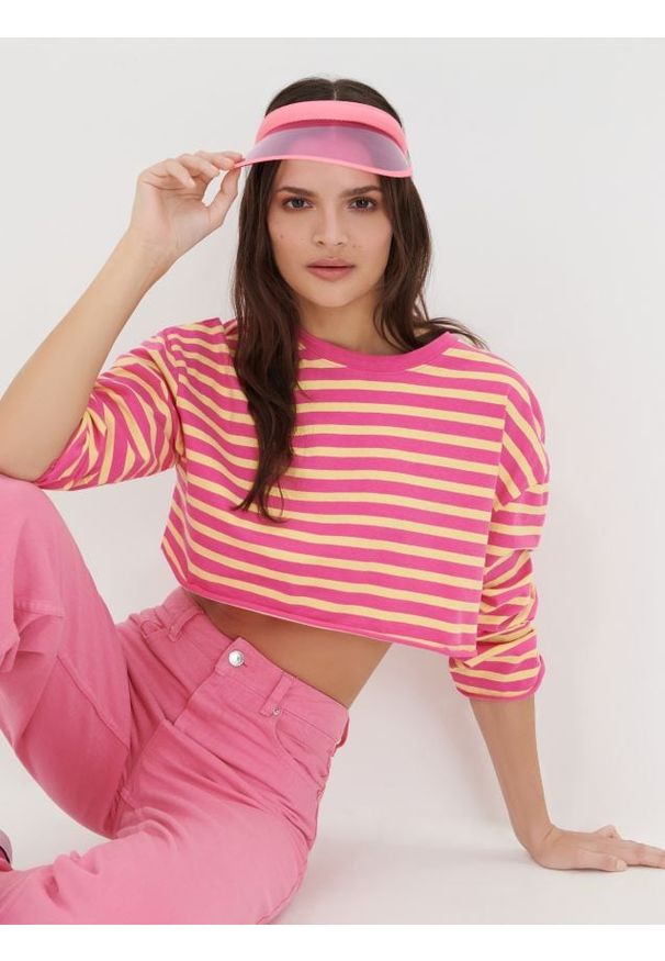 Sinsay - Crop top w paski - różowy. Kolor: różowy. Materiał: bawełna. Wzór: paski