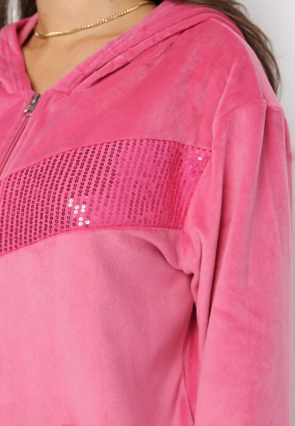 Born2be - Różowy 2-Częściowy Komplet Dresowy Wykończony Polarem z Cekinami Zeane. Kolor: różowy. Materiał: polar, dresówka. Wzór: aplikacja