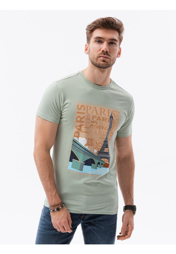 Ombre Clothing - T-shirt męski z nadrukiem S1434 V-6B - jasnozielony - XXL. Kolor: zielony. Materiał: bawełna. Wzór: nadruk. Styl: klasyczny