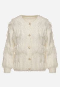 Born2be - Jasnobeżowy Kardigan z Wełną o Fakturze Imitującej Pióra z Ozdobnymi Guzikami Mevinalia. Okazja: na co dzień, do pracy, na spotkanie biznesowe. Kolor: beżowy. Materiał: wełna. Wzór: aplikacja. Sezon: zima, jesień. Styl: biznesowy, klasyczny, casual, elegancki #2