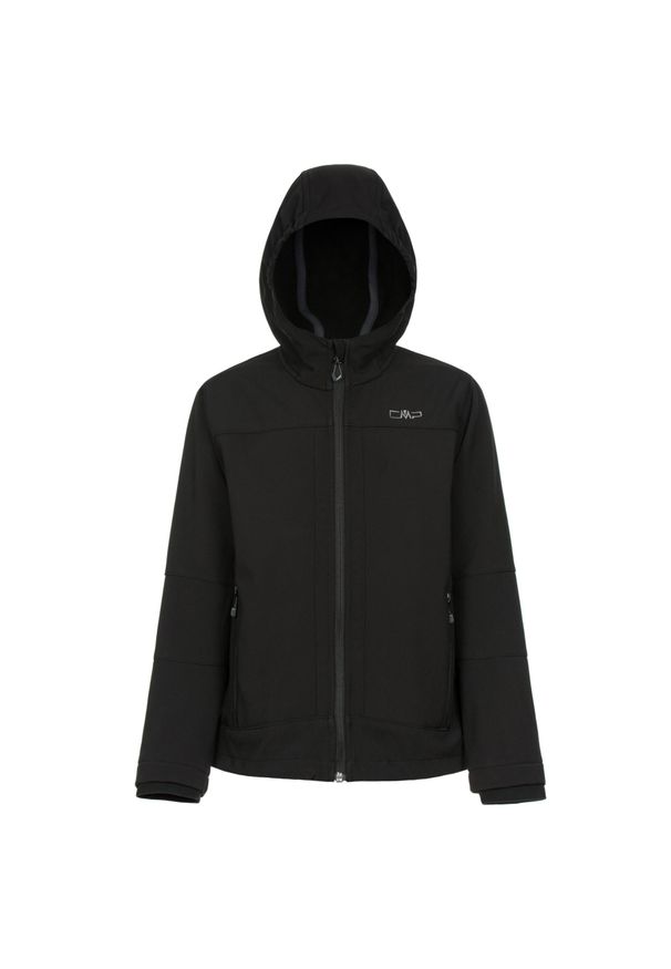Kurtka dziecięca turystyczna CMP 3A00094. Typ kołnierza: kaptur. Kolor: czarny. Materiał: softshell. Styl: sportowy