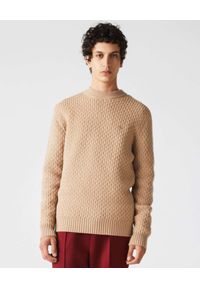 Lacoste - LACOSTE - Dzianinowy sweter z tonalnym logo. Kolor: beżowy. Materiał: dzianina. Wzór: aplikacja