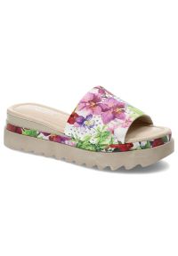 Kolorowe Klapki Venezia Wygodne Buty Damskie. Okazja: na co dzień, na spacer. Kolor: beżowy. Materiał: bawełna, skóra. Wzór: kolorowy. Sezon: lato. Styl: casual, elegancki, wakacyjny