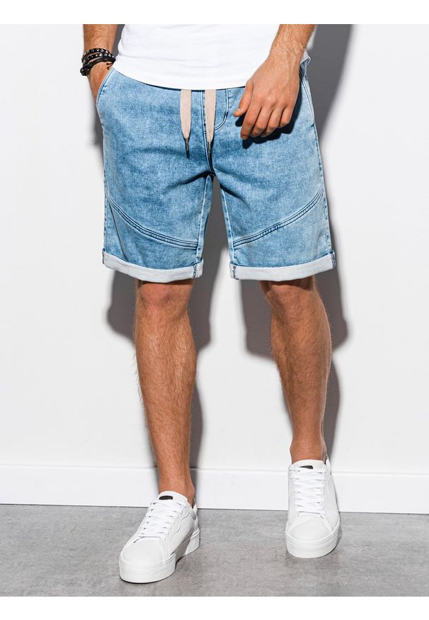 Ombre Clothing - Krótkie spodenki męskie jeansowe W219 - jasny jeans - XXL. Materiał: jeans. Długość: krótkie. Wzór: aplikacja