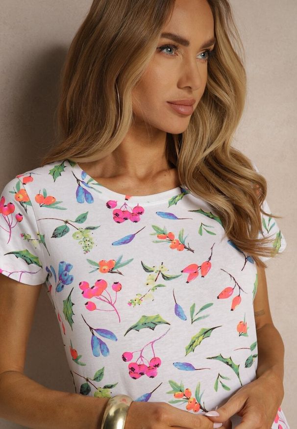 Renee - Biały T-shirt z Bawełny Zdobiony Nadrukiem Zarinela. Okazja: na co dzień. Kolor: pomarańczowy. Materiał: bawełna. Wzór: aplikacja, nadruk. Styl: klasyczny, elegancki, casual