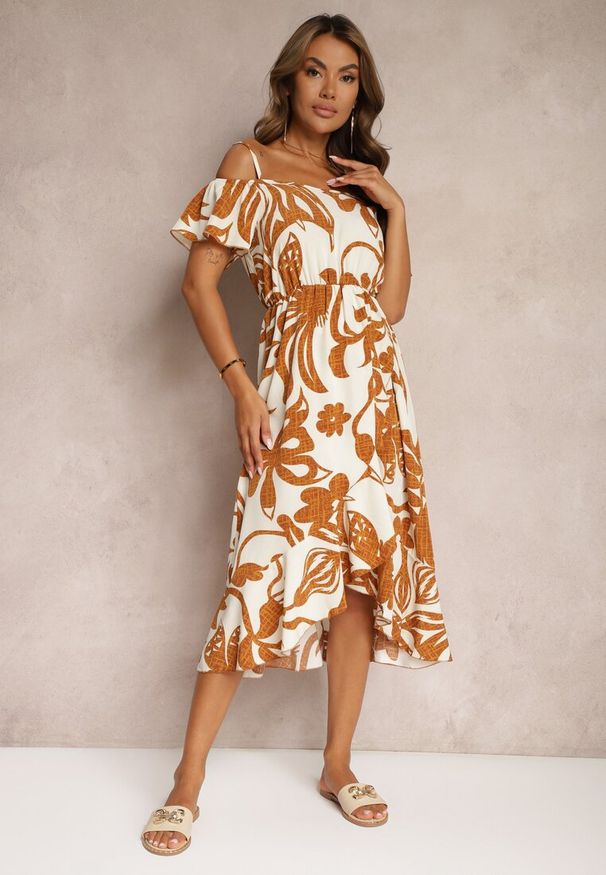 Renee - Brązowa Sukienka na Ramiączkach z Hiszpańskim Dekoltem i Gumką w Talii Nellondra. Okazja: na co dzień, na spacer, na imprezę. Kolor: brązowy. Długość rękawa: na ramiączkach. Sezon: wiosna, lato. Typ sukienki: proste. Styl: klasyczny, casual, elegancki