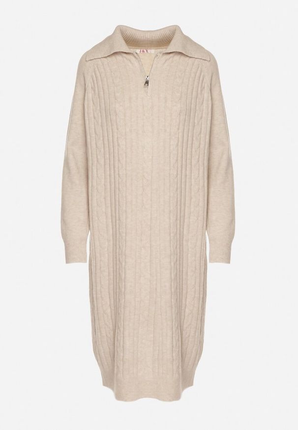 Born2be - Jasnobeżowa Sweterkowa Sukienka Pudełkowa z Bawełną i Wełną Ozdobiona Suwakiem Reimia. Okazja: na co dzień. Kolor: beżowy. Materiał: bawełna, wełna. Wzór: aplikacja. Styl: klasyczny, casual