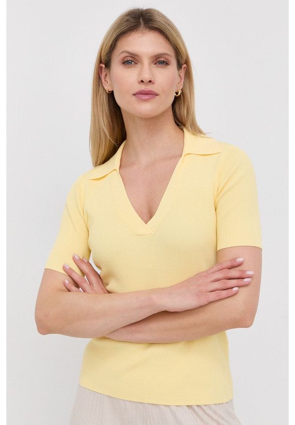 Hugo - HUGO sweter 50468004 damski kolor żółty. Kolor: żółty. Materiał: bawełna, dzianina. Wzór: gładki