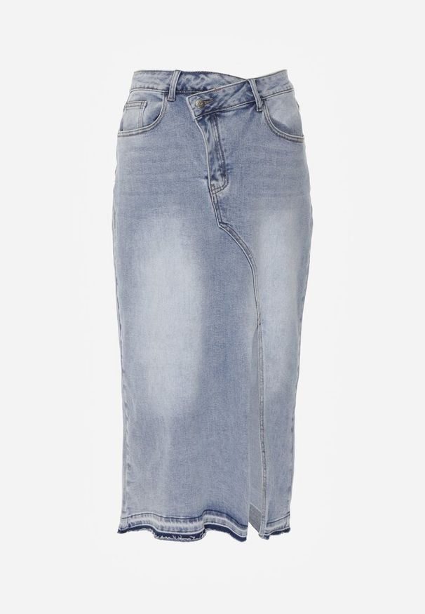 Renee - Niebieska Spódnica z Jeansu z Bawełną High Waist o Asymetrycznym Kroju Vikisla. Stan: podwyższony. Kolor: niebieski. Materiał: jeans, bawełna