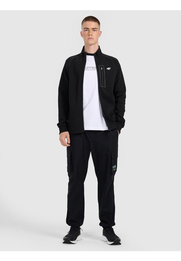 4f - 4F Bluza dresowa rozpinana bez kaptura męska - czarna S. Okazja: do pracy, na spacer, na co dzień. Typ kołnierza: bez kaptura. Kolor: czarny. Materiał: dresówka. Wzór: gładki. Styl: casual. Sport: turystyka piesza
