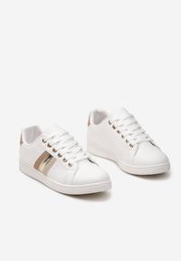 Born2be - Biało-Beżowe Sneakersy Sznurowane z Metalicznymi Wstawkami Vunna. Kolor: biały. Materiał: jeans. Obcas: na obcasie. Wysokość obcasa: niski #4