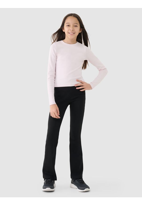 4f - 4F Legginsy dzianinowe dziewczęce - czarne 128 (7-8 lat). Okazja: na co dzień. Stan: podwyższony. Kolor: czarny. Materiał: dzianina. Wzór: ze splotem, jednolity, gładki. Sezon: lato. Styl: sportowy, casual