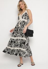 Born2be - Czarna Bawełniana Sukienka Rozkloszowana w Etniczny Wzór z Koronką Taliosha. Okazja: na co dzień. Typ kołnierza: dekolt w kształcie V. Kolor: czarny. Materiał: bawełna, koronka. Długość rękawa: na ramiączkach. Wzór: koronka. Styl: casual, elegancki #5