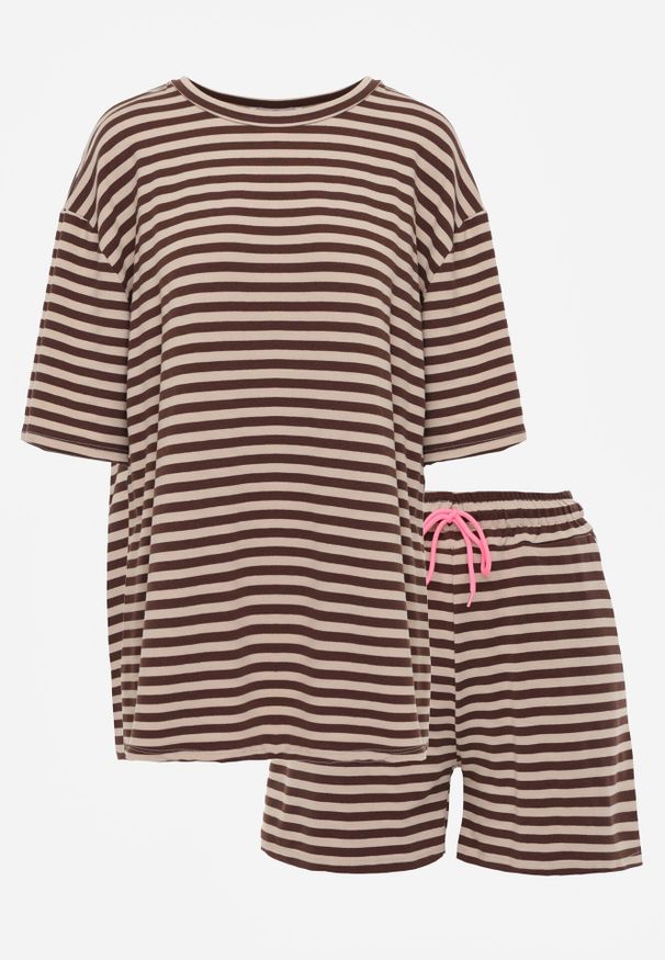 Born2be - Brązowy Letni Komplet Oversize z Wiskozy w Paski T-Shirt i Szorty Agathona. Kolor: brązowy. Materiał: wiskoza. Wzór: paski