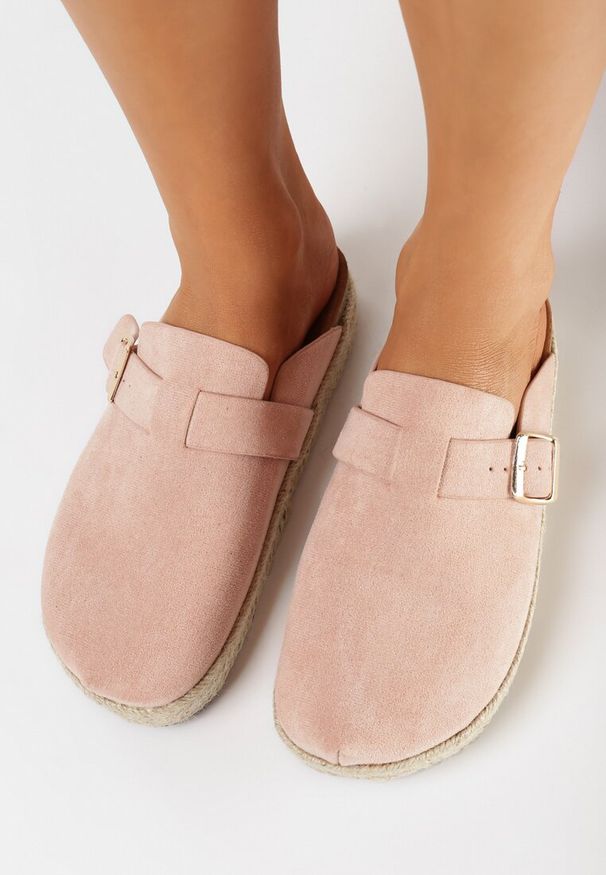 Born2be - Różowe Klapki Mule w Stylu Chodaków z Plecioną Podeszwą Esinna. Kolor: różowy. Wzór: aplikacja. Styl: elegancki