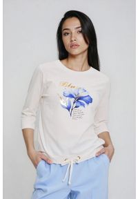 MOODO - Bluzka z nadrukiem i wiązaniem biała. Kolor: biały. Materiał: elastan, bawełna. Wzór: nadruk #1