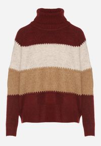 Born2be - Bordowy Golf Oversize w Szerokie Pasy z Domieszką Kaszmiru Nellemia. Okazja: na co dzień. Typ kołnierza: golf. Kolor: czerwony. Materiał: kaszmir. Styl: casual #4