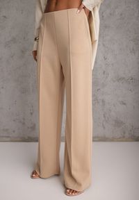 Renee - Beżowe Bawełniano-Wiskozowe Spodnie o Eleganckim Kroju w Kant Tinawre. Okazja: na co dzień. Kolor: beżowy. Materiał: wiskoza, bawełna. Wzór: gładki. Styl: elegancki #4