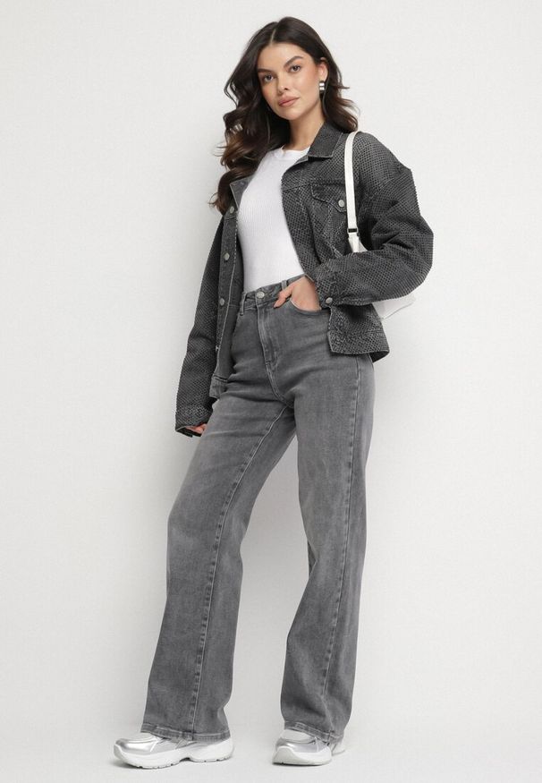 Born2be - Szare Jeansy o Szerokim Kroju z Wysokim Stanem Sesarina. Okazja: na co dzień. Stan: podwyższony. Kolor: szary. Długość: długie. Styl: elegancki, casual
