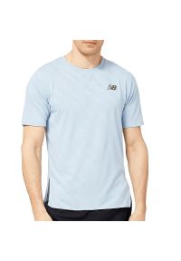 Koszulka New Balance MT23281LAY - niebieska. Kolor: niebieski. Materiał: materiał, poliester. Długość rękawa: krótki rękaw. Długość: krótkie. Sport: fitness #1