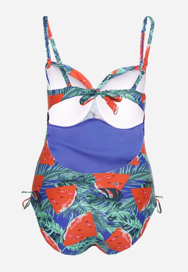 Born2be - Niebiesko-Czerwony Strój Kąpielowy z Motywem Liści i Wiązaniem Nevalitfe. Kolor: niebieski