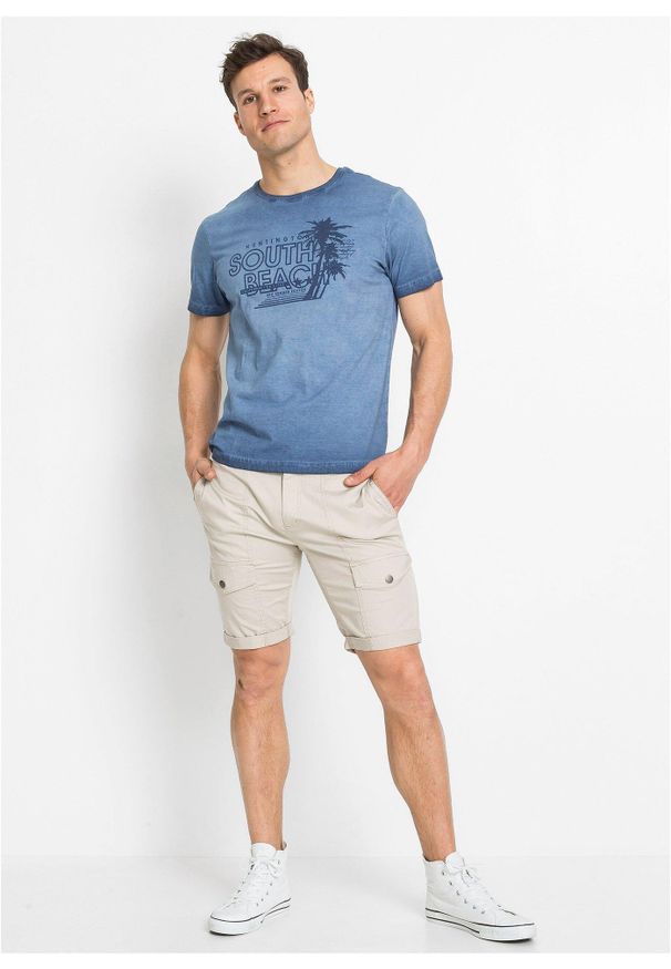 bonprix - T-shirt z efektem wytarcia, z czystej bawełny organicznej. Kolor: niebieski. Materiał: bawełna. Wzór: nadruk. Sezon: lato