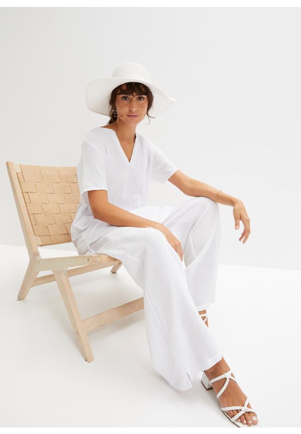 bonprix - Długa tunika muślinowa z czystej bawełny. Kolor: biały. Materiał: bawełna. Długość rękawa: krótki rękaw. Długość: długie, krótkie