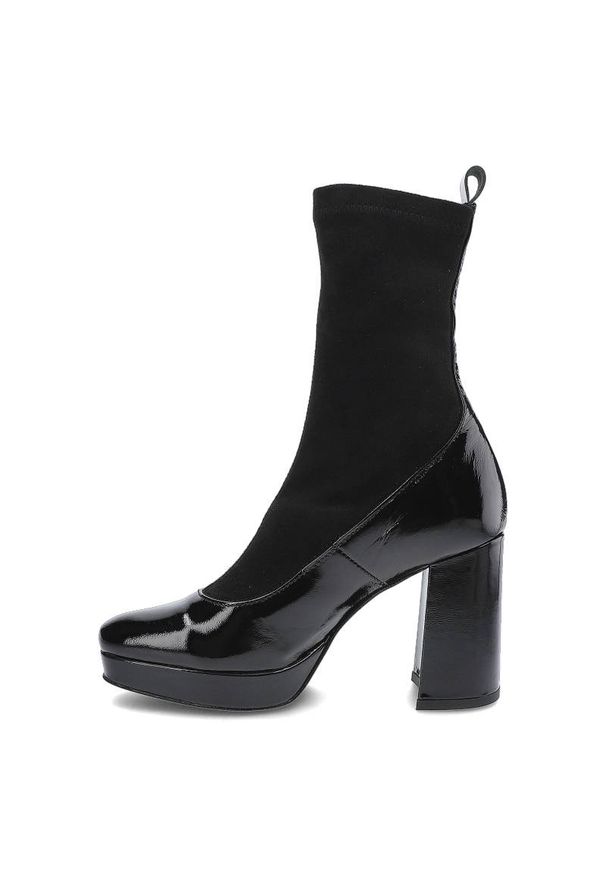 Czarne Botki Damskie Simen Modne Eleganckie Buty. Kolor: czarny. Materiał: lakier. Szerokość cholewki: normalna. Obcas: na obcasie. Styl: elegancki. Wysokość obcasa: średni