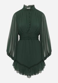 Born2be - Ciemnozielona Rozkloszowana Sukienka z Falbanką Harlin. Kolor: zielony. Długość: mini #7