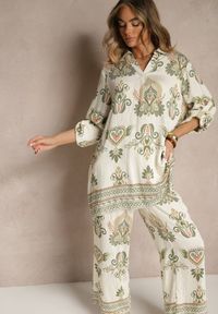 Renee - Zielony Komplet z Wiskozą Szerokie Spodnie i Bluzka w Stylu Boho Rinadora. Kolor: zielony. Materiał: wiskoza