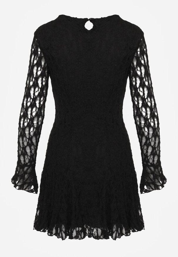 Renee - Czarna Sukienka z Koronki Ozdobiona Rozkloszowanymi Rękawami Cinalata. Kolor: czarny. Materiał: koronka. Wzór: aplikacja, koronka. Typ sukienki: rozkloszowane. Styl: elegancki, klasyczny