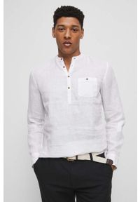 medicine - Medicine koszula lniana męska kolor biały regular ze stójką. Typ kołnierza: kołnierzyk stójkowy. Kolor: biały. Materiał: len. Długość rękawa: długi rękaw. Długość: krótkie. Wzór: gładki #5