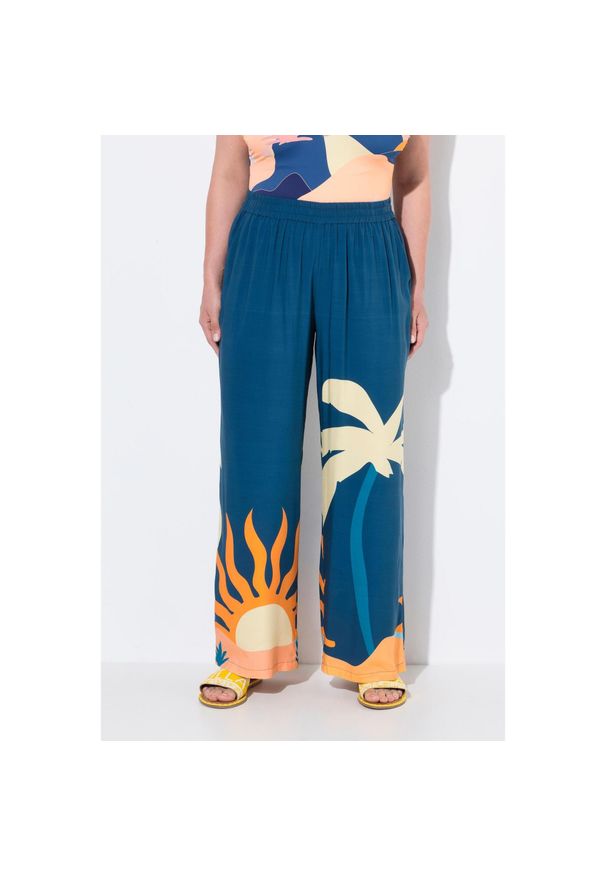 ULLA POPKEN - Damskie Spodnie palazzo palmy/słońce szeroka nogawka elastyczny pas. Kolekcja: plus size. Kolor: niebieski, wielokolorowy, żółty. Materiał: wiskoza, materiał. Długość: długie