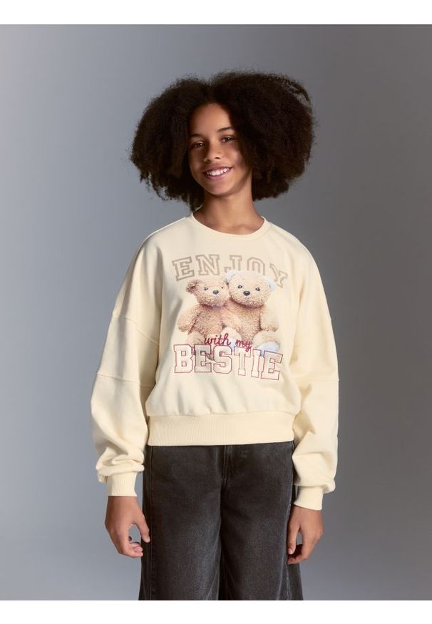 Reserved - Bawełniana bluza z nadrukiem - kremowy. Kolor: kremowy. Materiał: bawełna. Wzór: nadruk