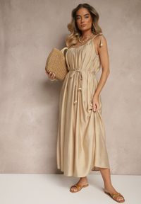 Renee - Beżowa Wiskozowa Sukienka Boho na Wiązanych Ramiączkach z Paskiem z Plecionki Miratera. Okazja: na co dzień, na imprezę. Typ kołnierza: dekolt kwadratowy. Kolor: beżowy. Materiał: wiskoza. Długość rękawa: na ramiączkach. Styl: boho