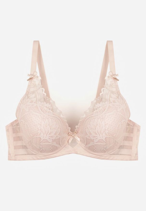 Renee - Jasnoróżowy Biustonosz Ozdobiony Koronką i Kokardkami Sellene. Kolor: różowy. Materiał: koronka. Wzór: aplikacja, koronka