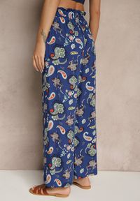 Renee - Niebieskie Bawełniane Spodnie Boho w Stylu Palazzo z Gumką w Pasie i Wysokim Stanem Pravia. Okazja: na co dzień. Stan: podwyższony. Kolor: niebieski. Materiał: bawełna. Styl: boho