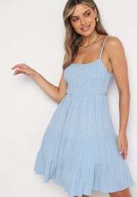 Born2be - Niebieska Rozkloszowana Sukienka na Ramiączkach z Gumkami w Talii Ageridia. Kolor: niebieski. Długość rękawa: na ramiączkach. Styl: elegancki