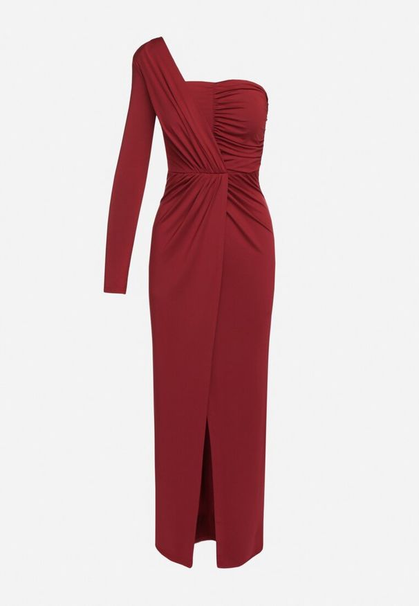 Born2be - Bordowa Kopertowa Sukienka Maxi na Jedno Ramię z Marszczeniami Analaura. Okazja: na imprezę. Kolor: czerwony. Materiał: wiskoza. Typ sukienki: kopertowe. Styl: elegancki. Długość: maxi