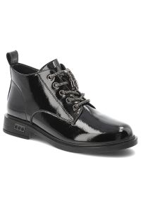 Czarne Botki S.Barski Modne Buty Damskie. Okazja: na co dzień. Zapięcie: sznurówki. Kolor: czarny. Materiał: lakier, skóra. Styl: casual