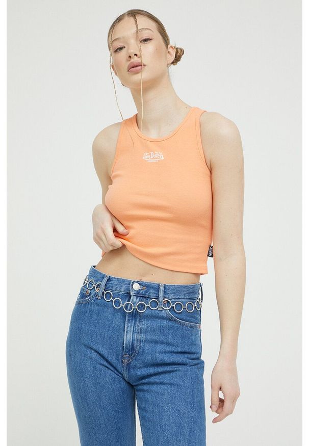 Von Dutch top damski kolor pomarańczowy. Kolor: pomarańczowy. Materiał: materiał, dzianina. Długość rękawa: na ramiączkach