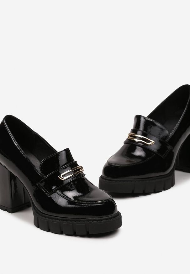 Born2be - Czarne Półbuty na Słupku i Patformie w Stylu Mokasynów Klimebi. Kolor: czarny. Obcas: na słupku. Styl: elegancki. Wysokość obcasa: średni