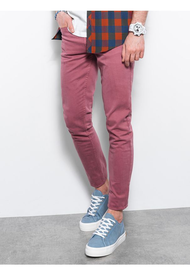 Ombre Clothing - Spodnie męskie chinosy SLIM FIT - jasnobordowe - Rozmiar: M. Okazja: na co dzień. Kolor: czerwony. Materiał: tkanina, elastan, bawełna. Styl: casual