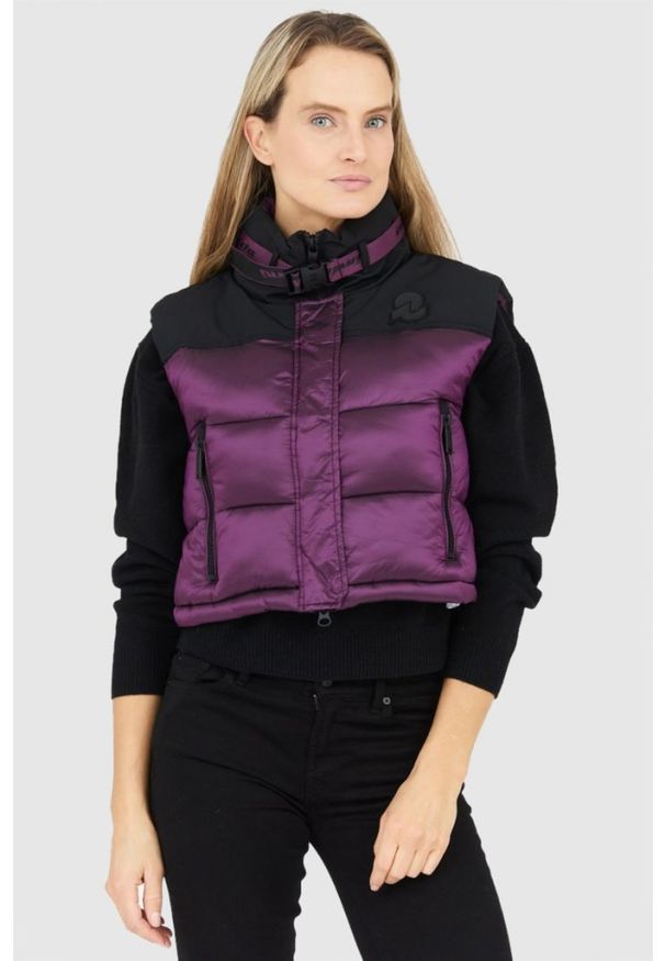 Invicta - INVICTA Fioletowy puchowy krótki bezrękawnik damski, Rozmiar L. Kolor: fioletowy. Materiał: puch, poliamid. Długość rękawa: bez rękawów. Długość: krótkie