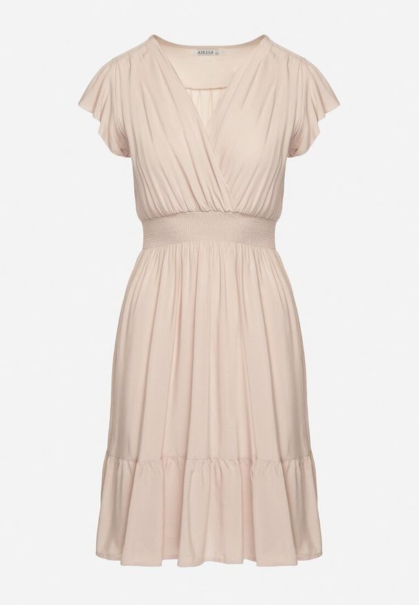 Born2be - Jasnobeżowa Bawełniana Sukienka Midi z Kopertowym Dekoltem i Falbankami Xeniabia. Typ kołnierza: kołnierz z falbankami. Kolor: beżowy. Materiał: bawełna. Sezon: lato. Typ sukienki: kopertowe. Styl: elegancki. Długość: midi